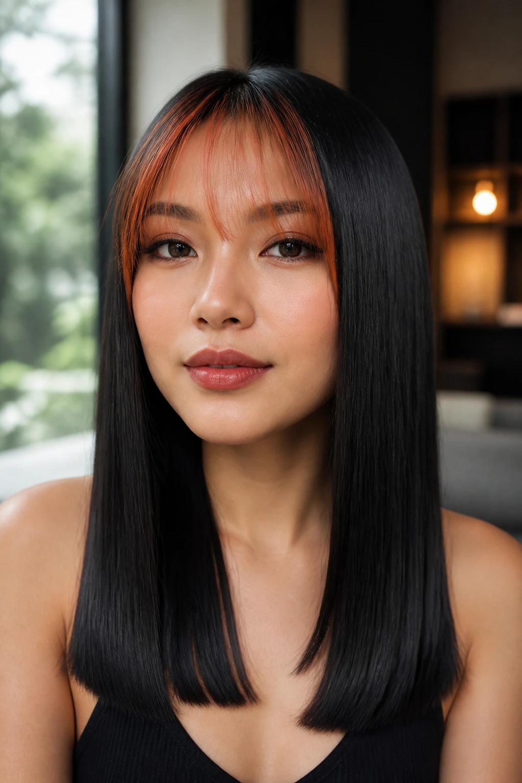 Portrait of a person with glass hair and copper-red wispy bangs.