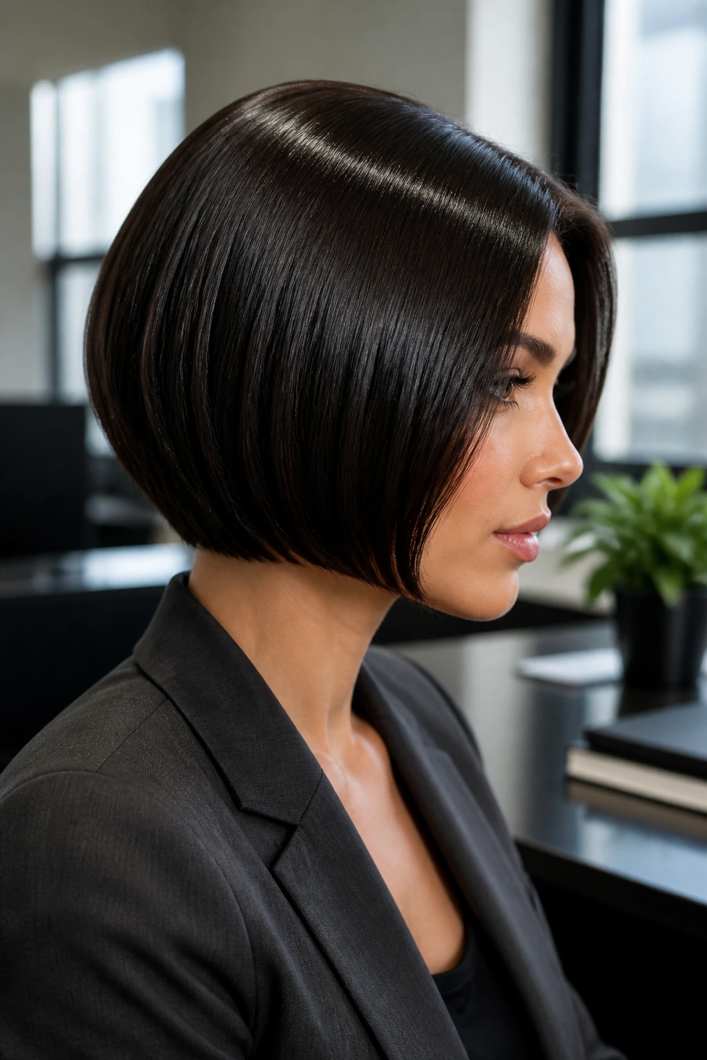 Portrait of a real person with sleek glass-hair stack hairstyle in a polished office setting