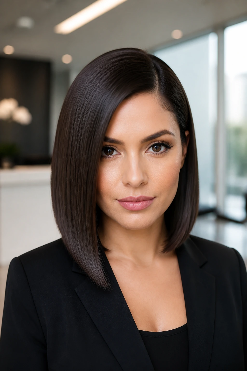 Close-up of a real woman with a sleek glass-hair straight lob