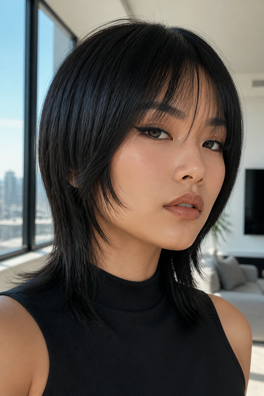 Close-up of a real woman with a sleek glassy straight shag framing the face