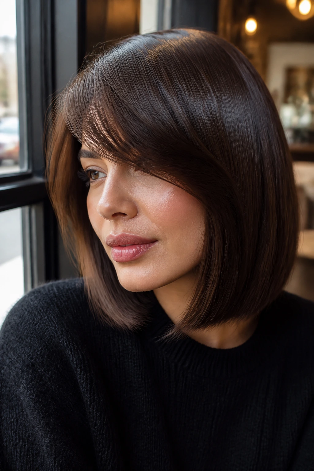 Portrait of a real woman with a glossy bob and deep side-swept bangs.
