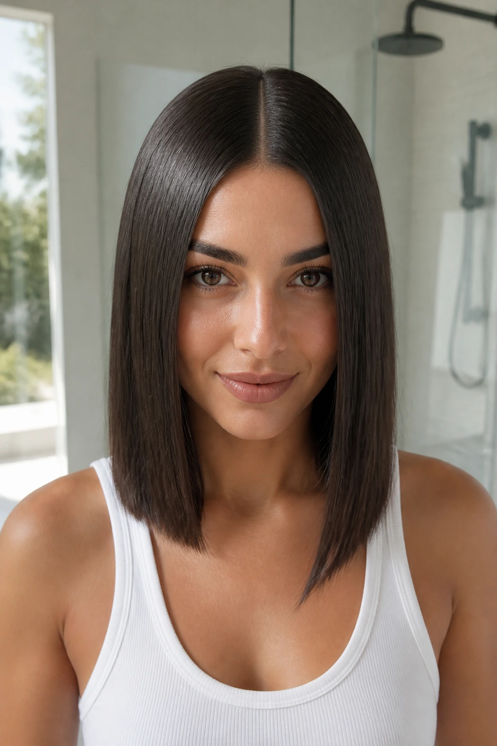 Front portrait of a woman with a glassy center part and tucked layers