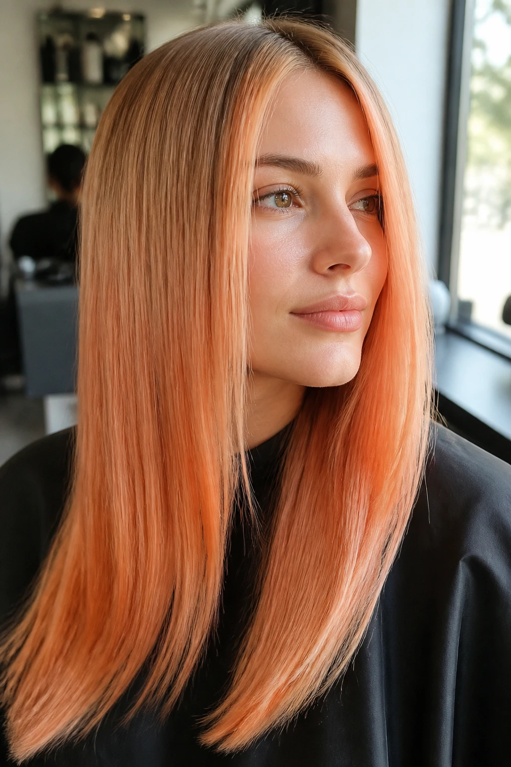 Close-up of glossy straight hair with pastel orange balayage on a real person