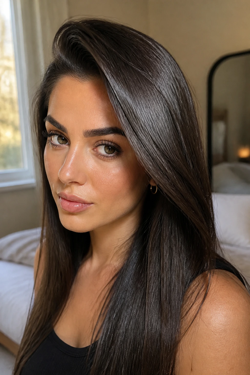 Close-up of a real woman with a deep-parted side-swept glazed hairstyle, glossy roots and side sweep.