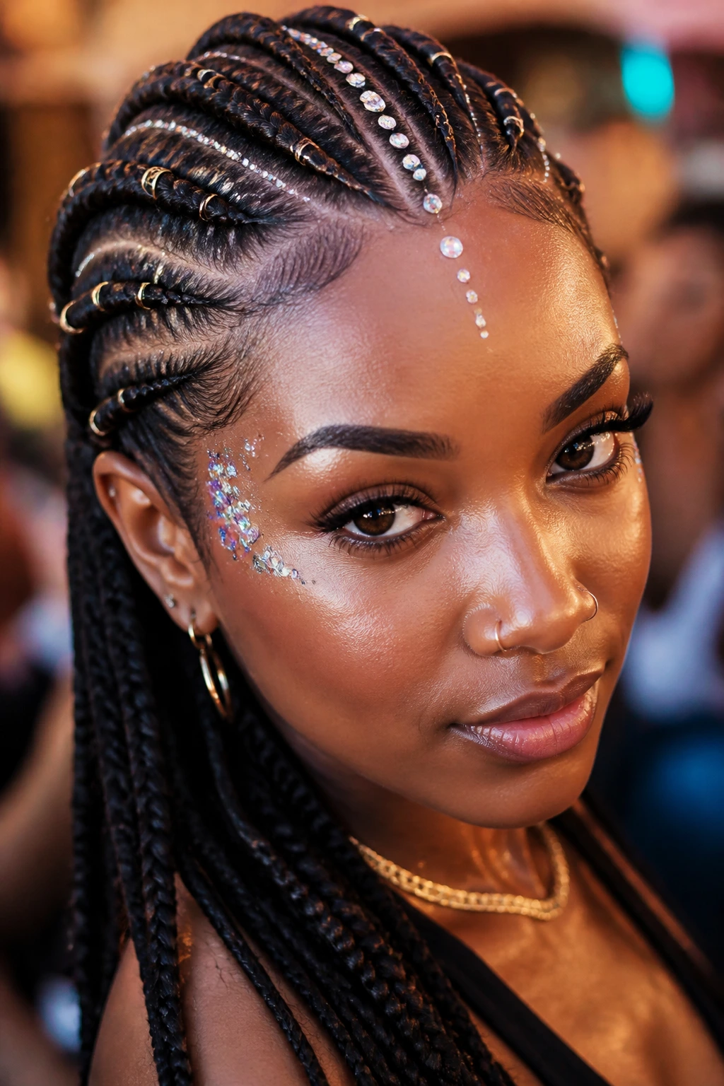 Close-up of a real woman with gem-decorated braids.