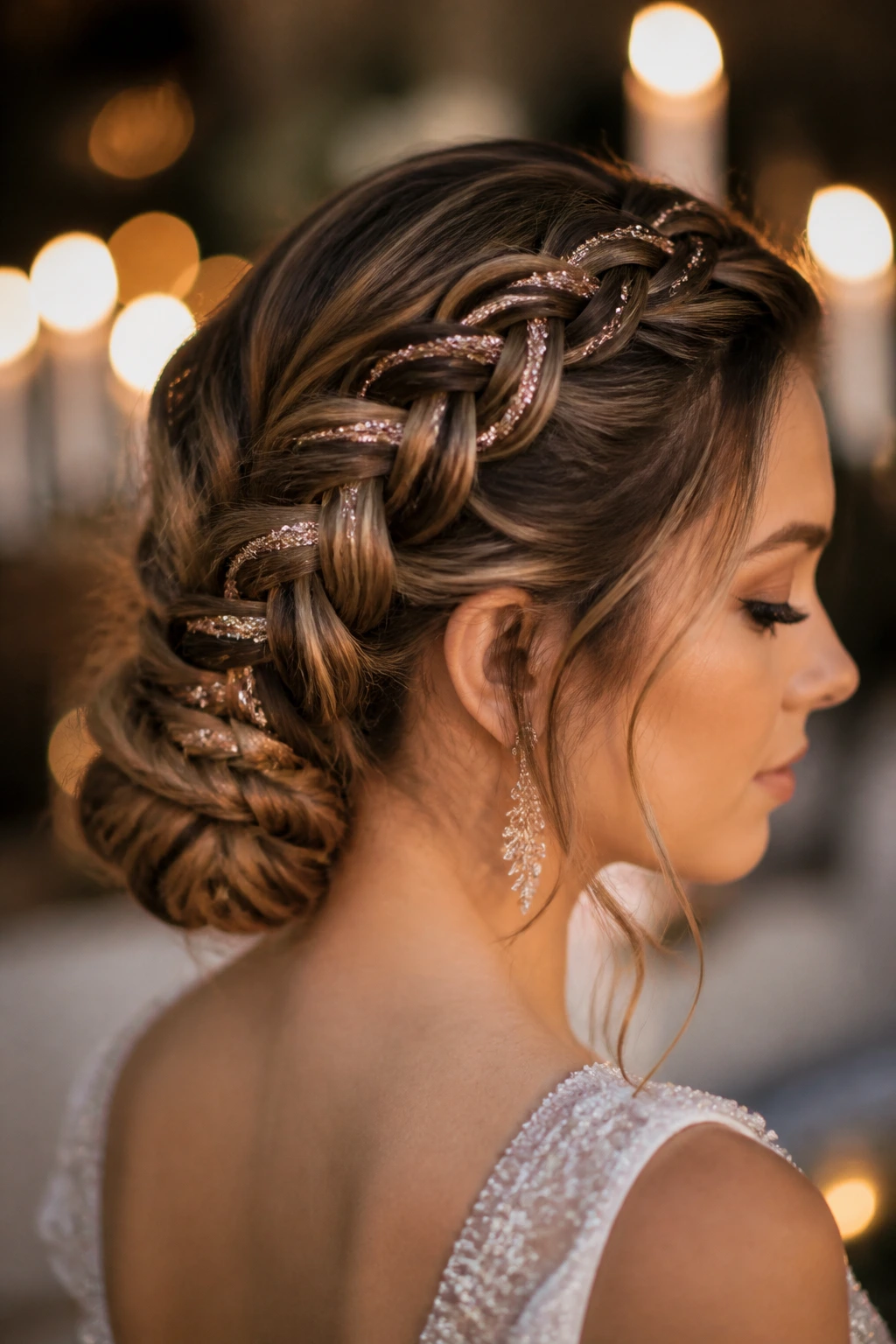Close-up of bride's hair in a French braid with subtle glitter accents under warm ballroom lighting