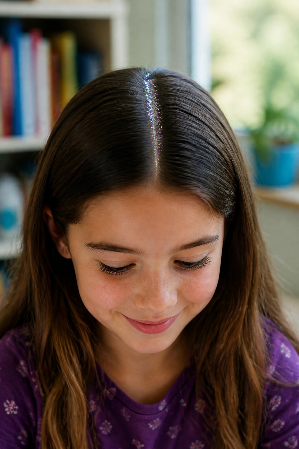 Close-up of child with glitter line along a middle part.