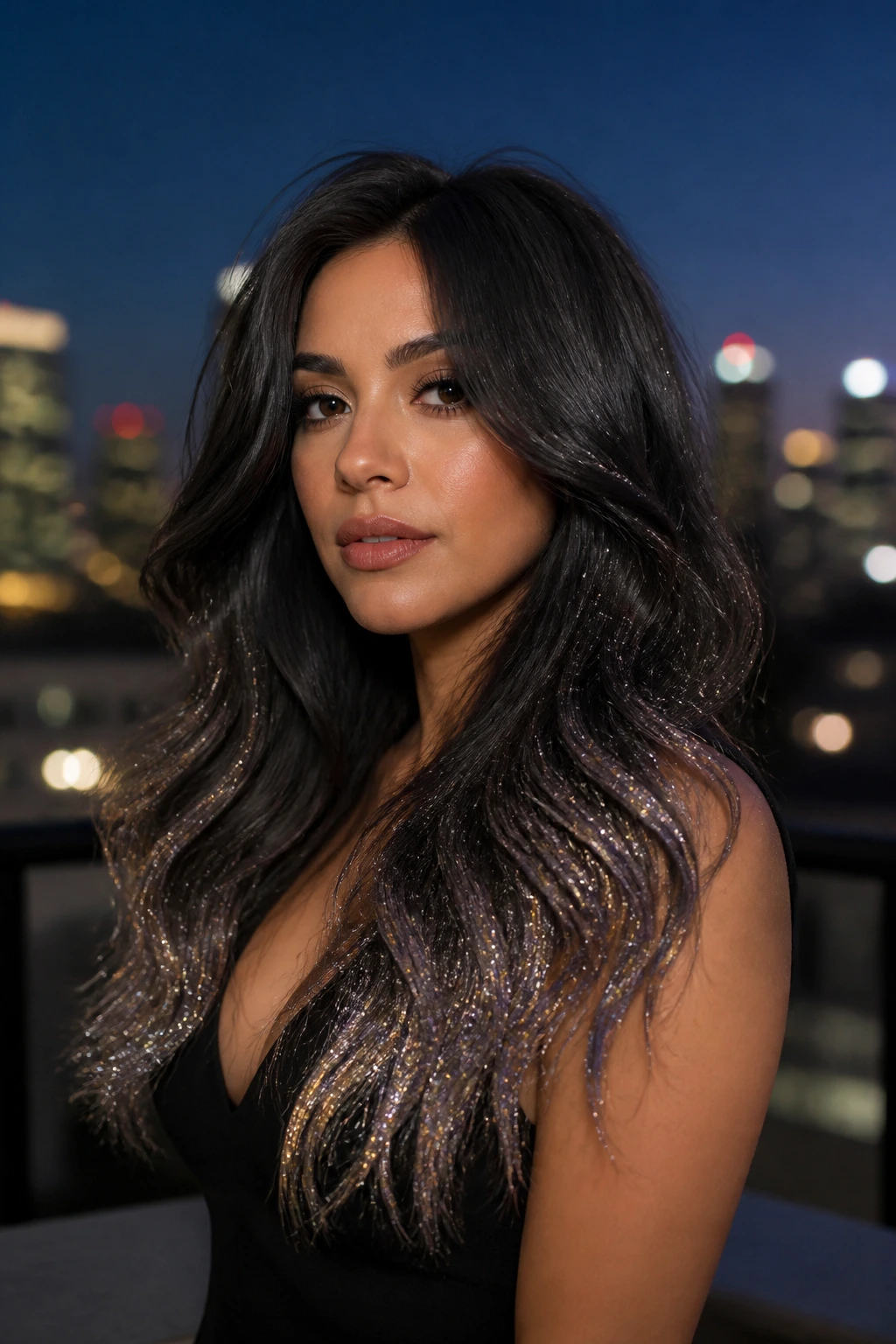Close-up of a real woman with glitter fade ombre hair at night