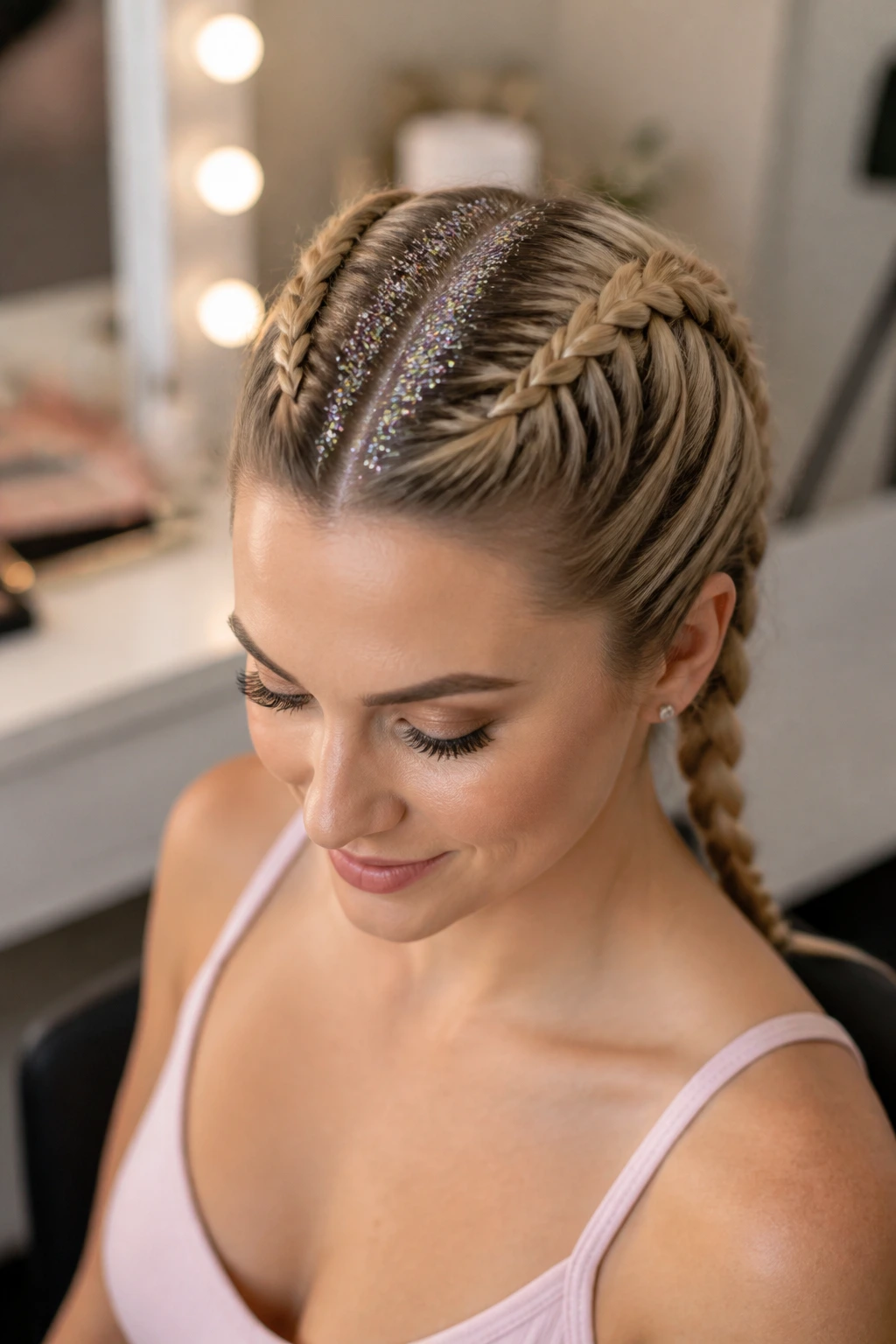 Close-up of a real woman with glitter along the part line of a French braid.