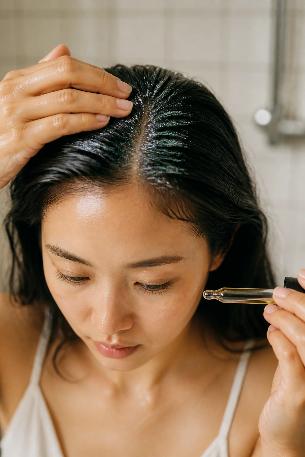 Close-up of a person applying oil to glitter-coated hair in the bathroom to aid removal.