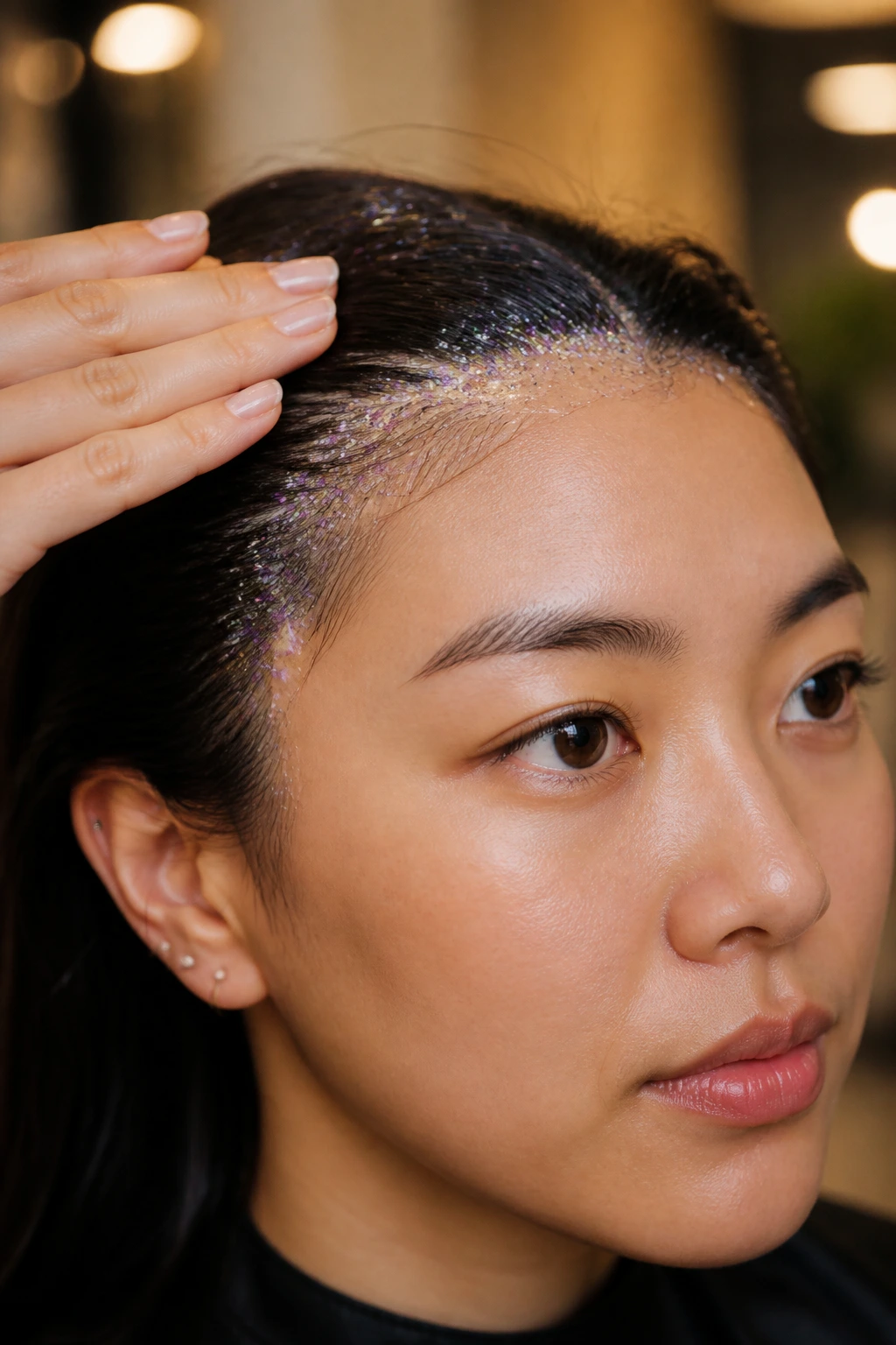 Close-up of scalp area with barrier gel protecting skin from glitter.