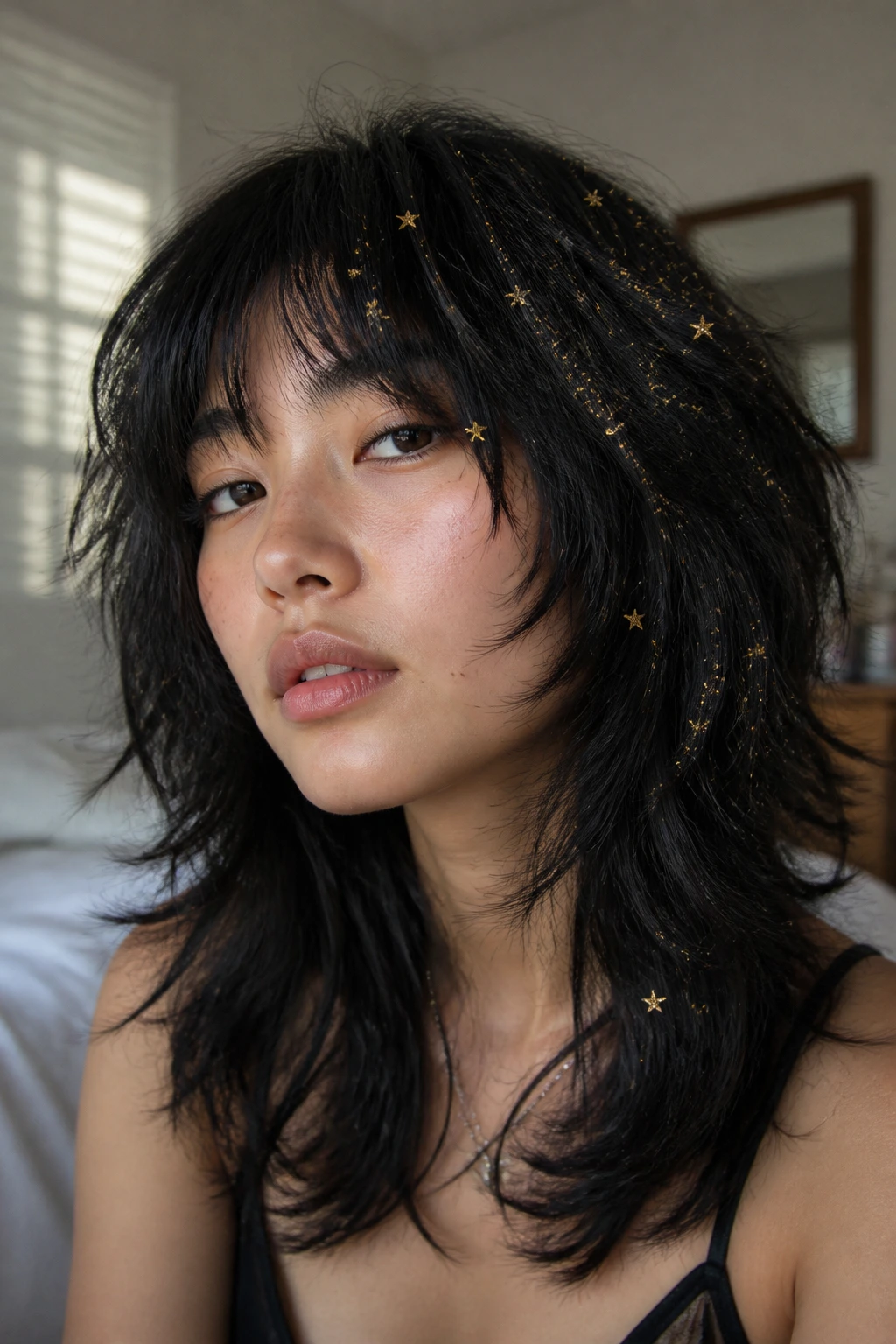 Close-up of a real woman's voluminous shag with scattered gold starbursts in layered hair.