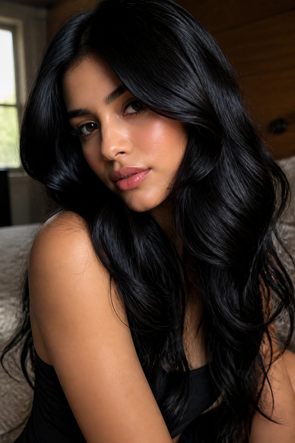 Close-up portrait of a person with jet-black glossy hair reflecting light like stars
