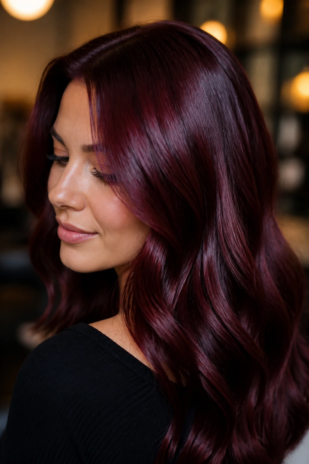 Close-up of a person with glossy wine-toned hair