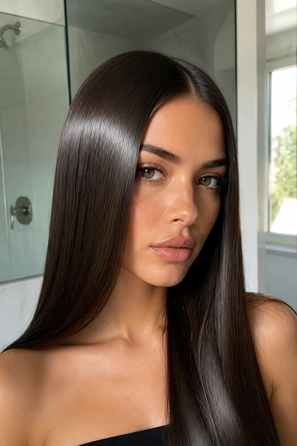 Close-up of a real woman with glossy liquid center-parted hair reflecting light