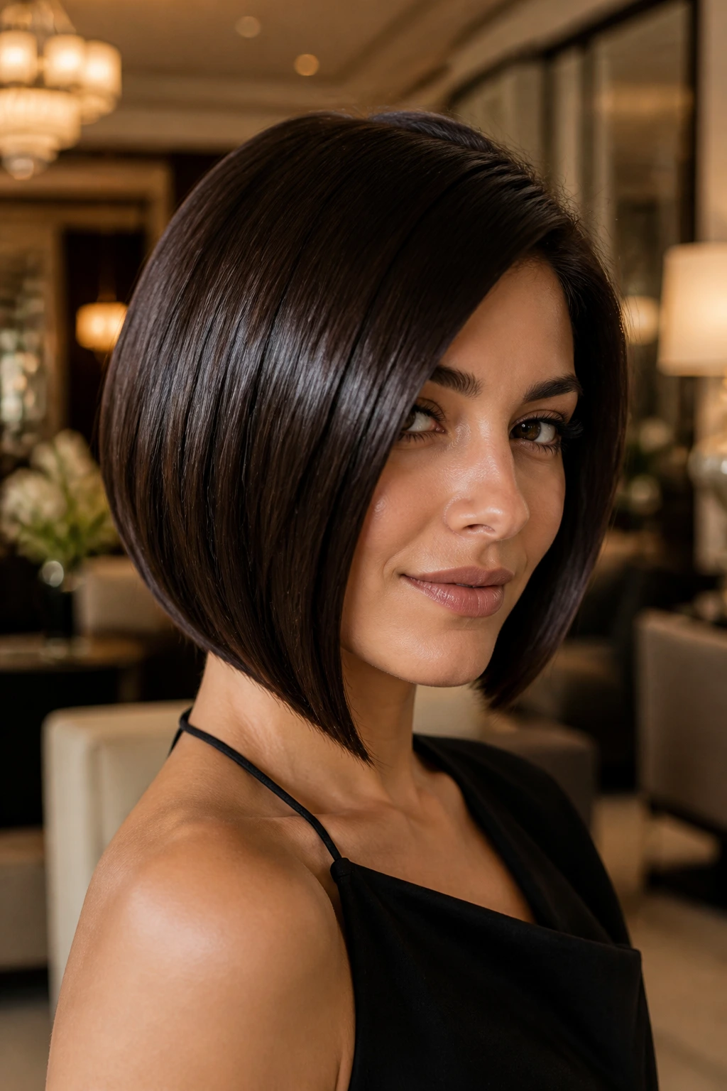 Real woman with glossy high-shine angled bob in warm luxurious setting