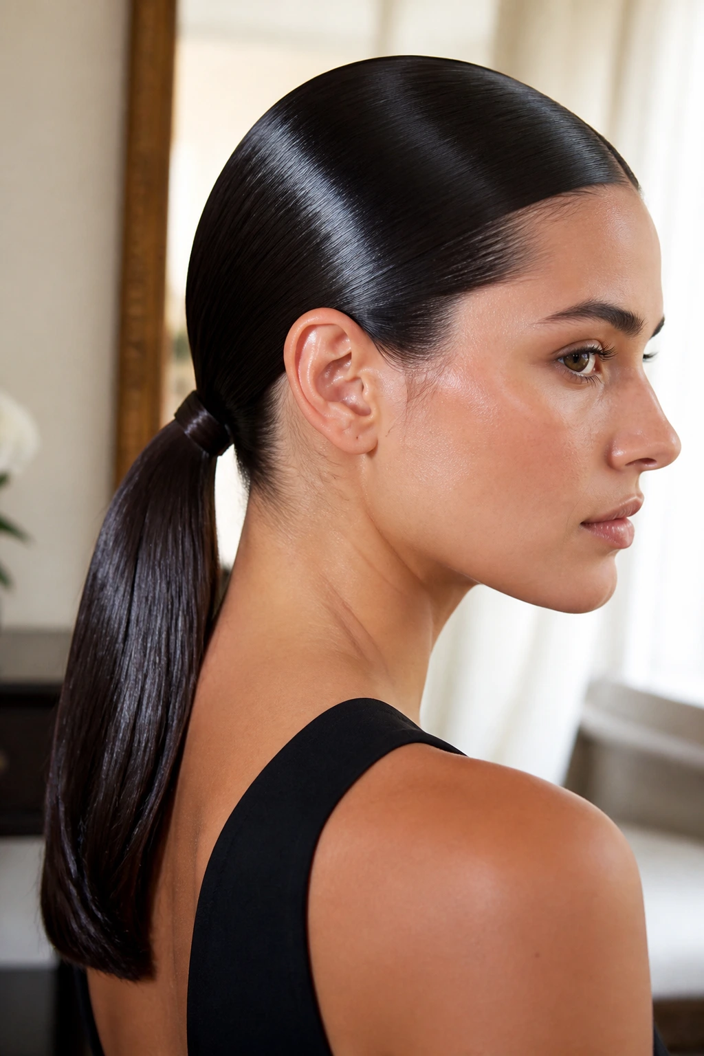 Close-up of a real woman with a glassy low ponytail at the nape, high-shine mirror finish.