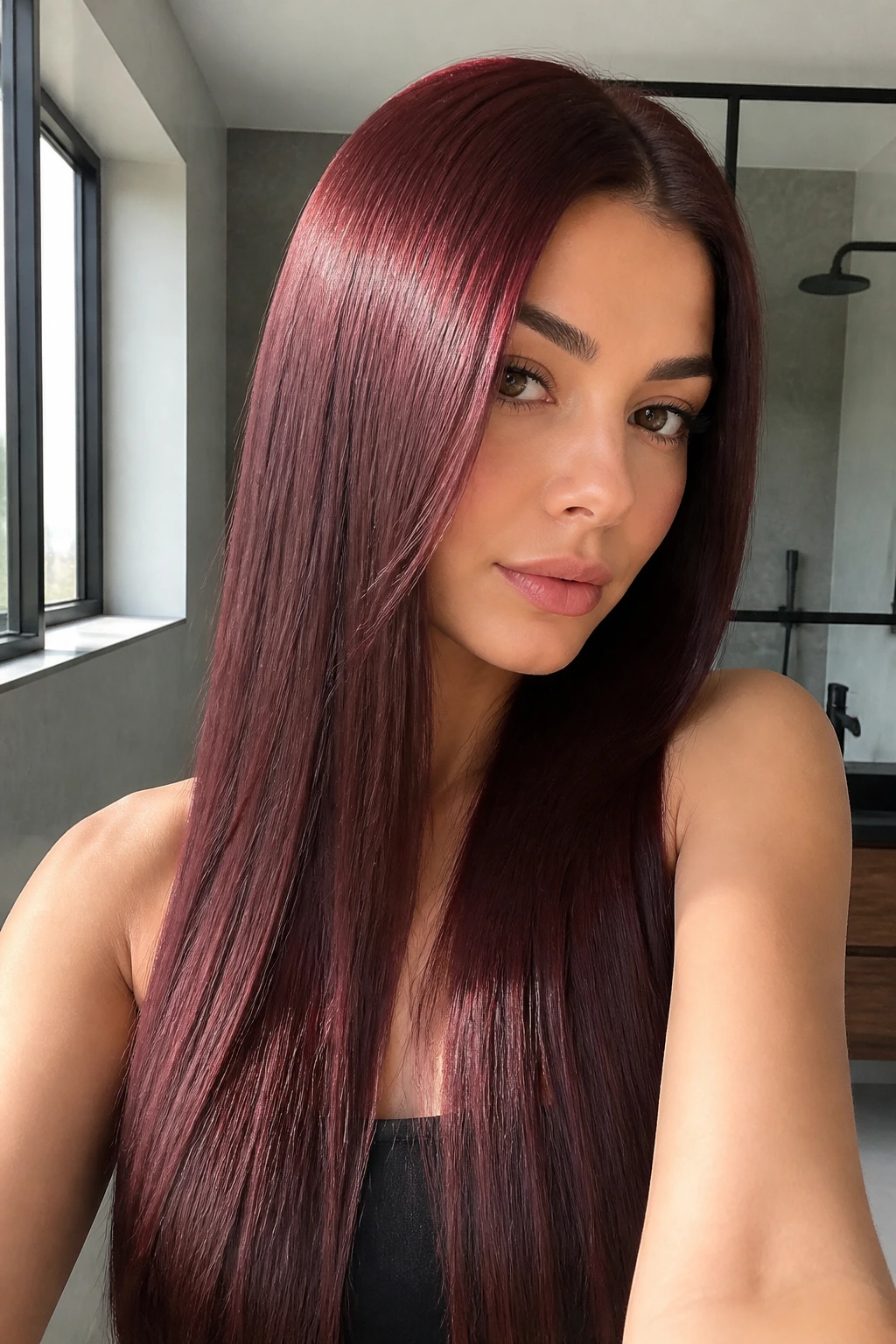 Close-up of a real woman with glassy straight maroon hair