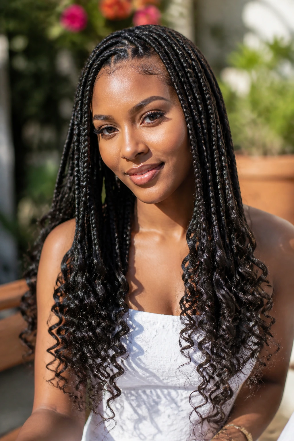 Portrait of a real woman with goddess box braids ending in curls