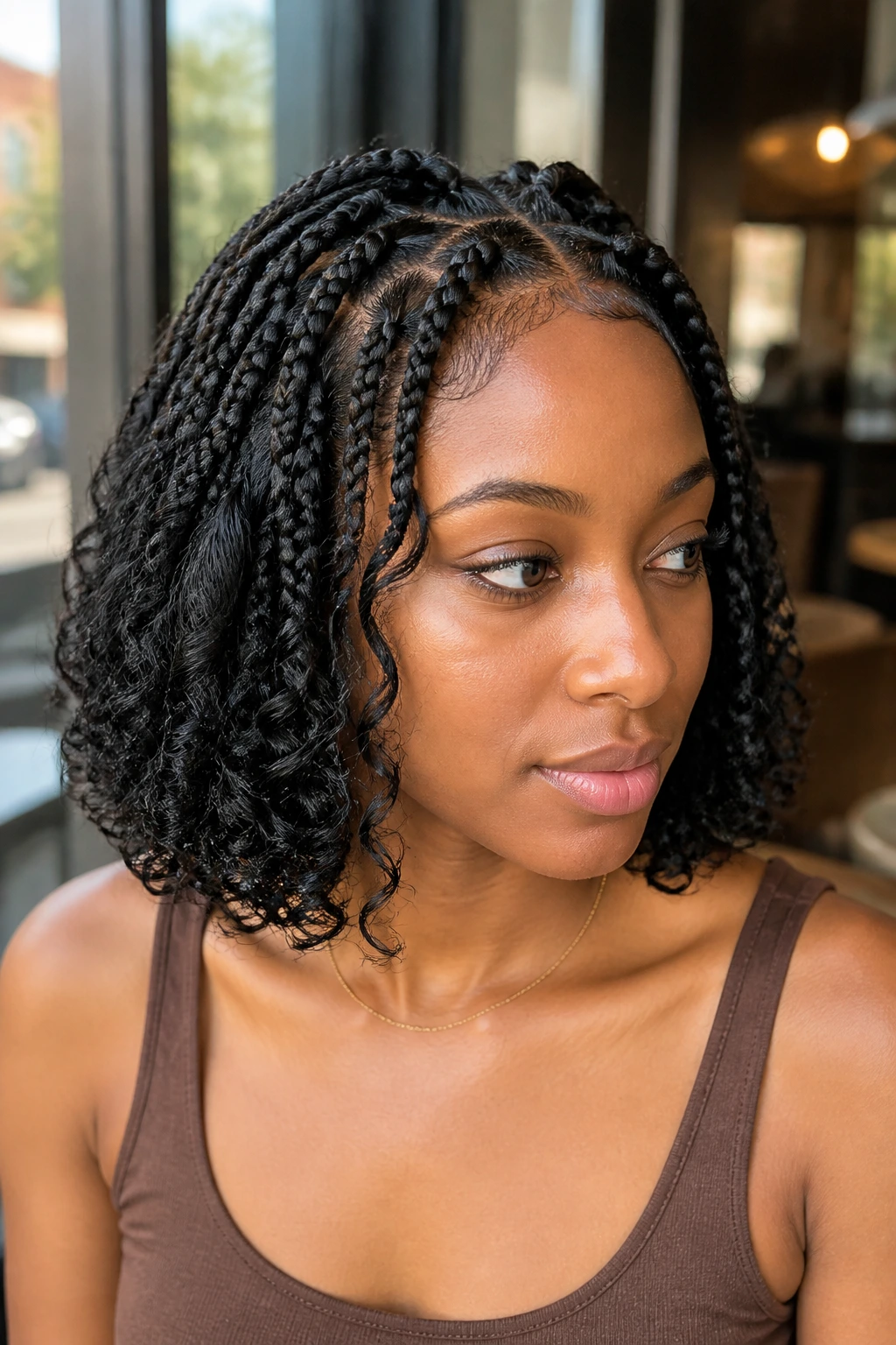 Close-up of a woman with Goddess Braid Bob hairstyle