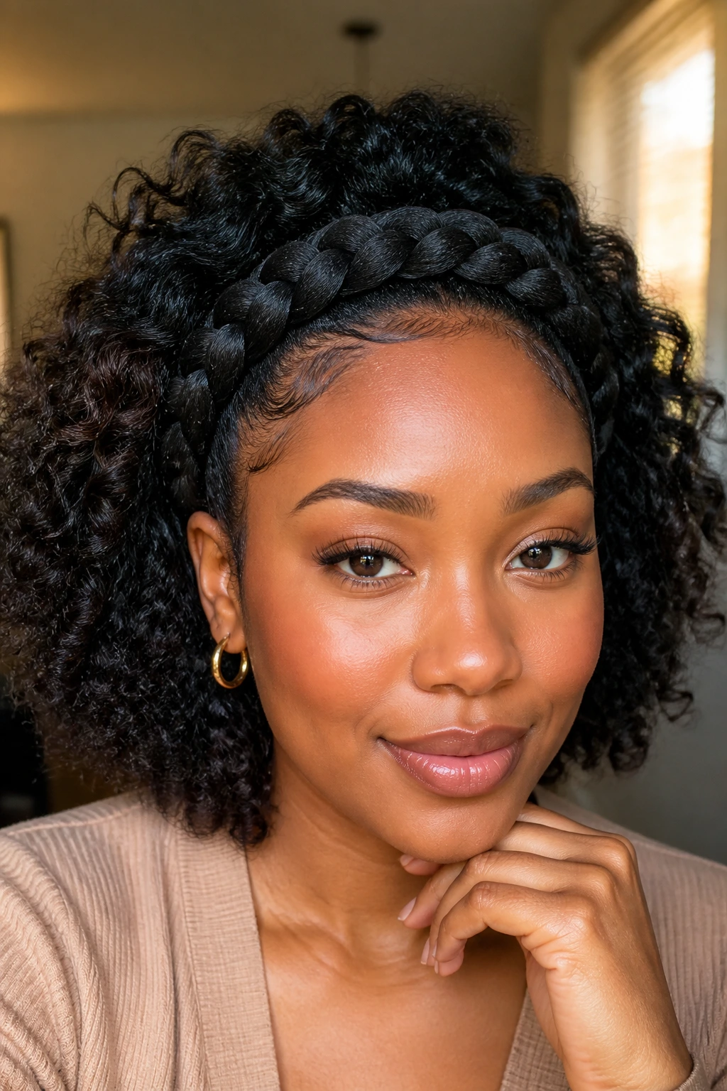 Real woman wearing a goddess braid headband across the hairline