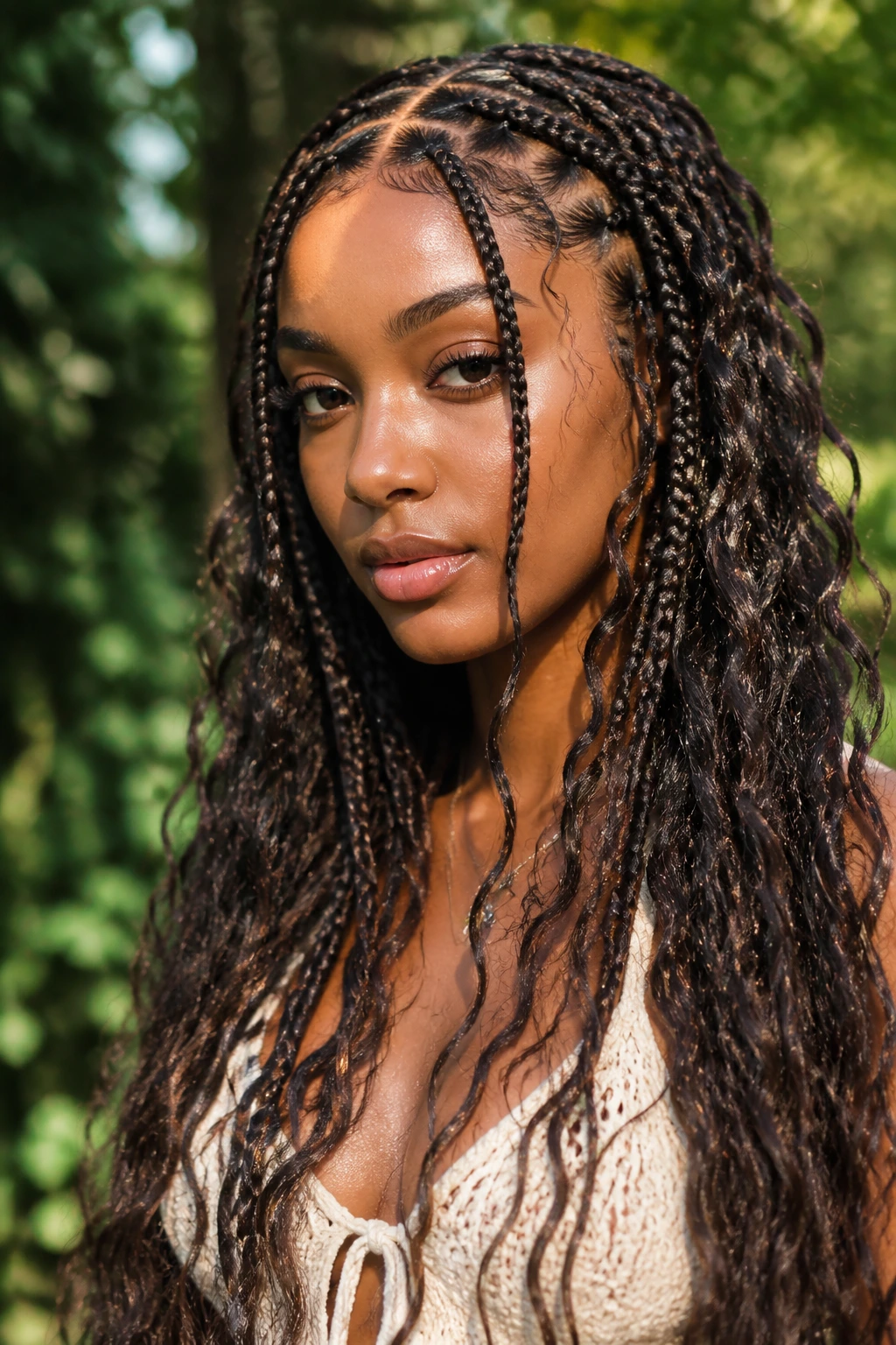 Close-up of a real person with Bohemian Goddess Braids in sunlit setting.