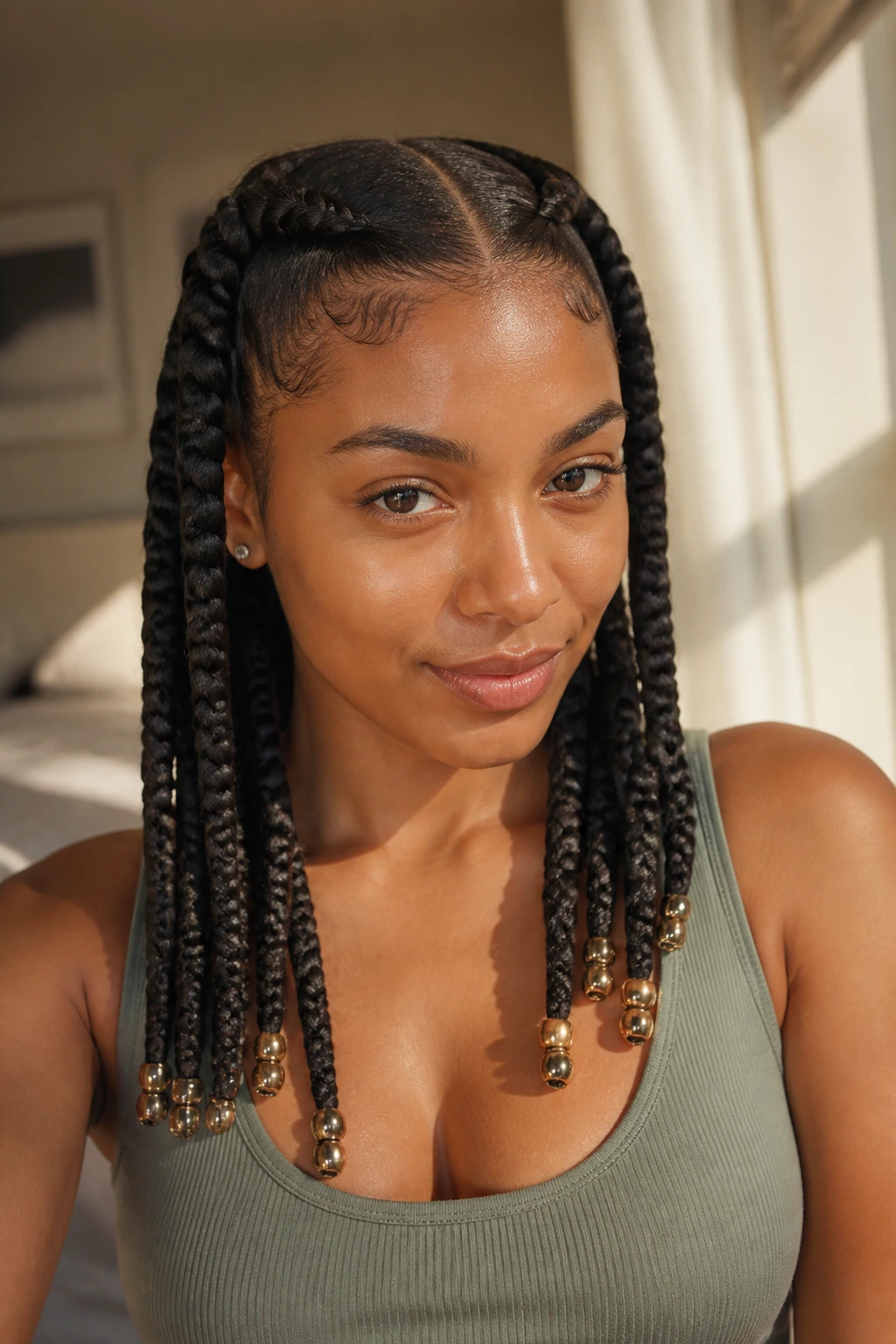 Close-up of a real woman with goddess braids ending in beads