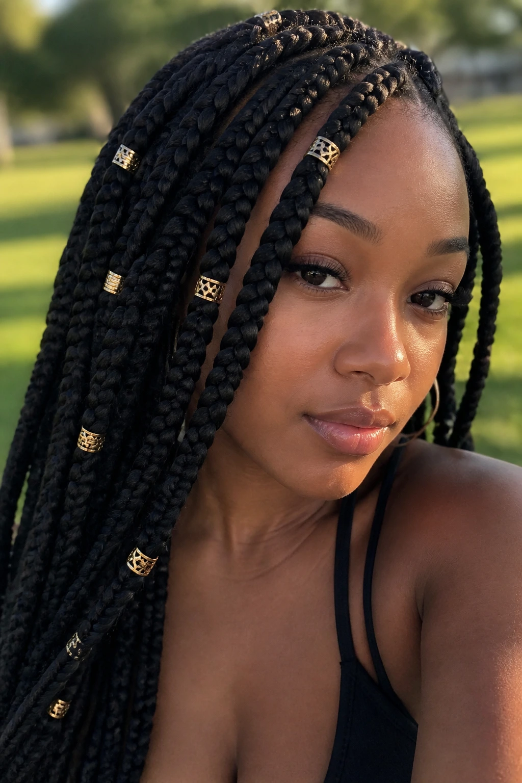Close-up of a real woman with goddess braids adorned with gold beads