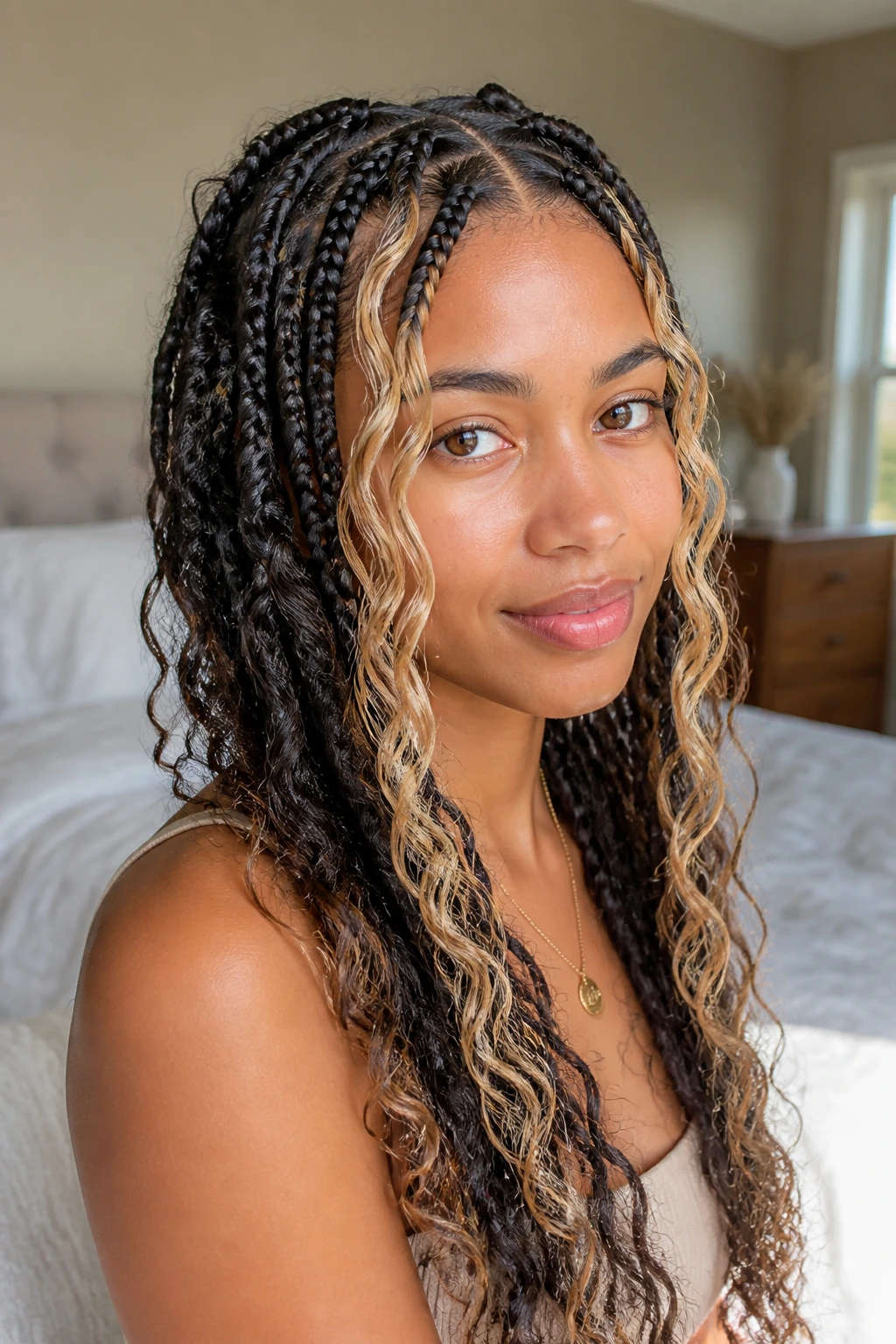 Portrait of a woman with goddess braids and blonde money pieces framing her face.