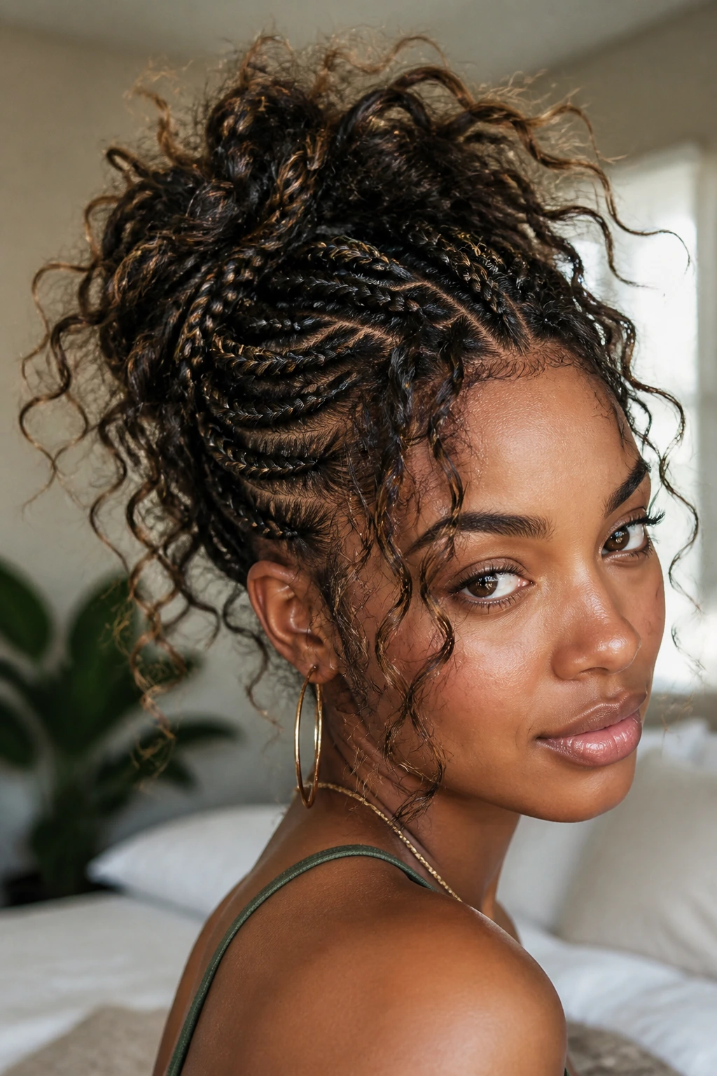 Close-up of a woman with Classic Bohemian Goddess Braids featuring dense cornrows and wispy curls