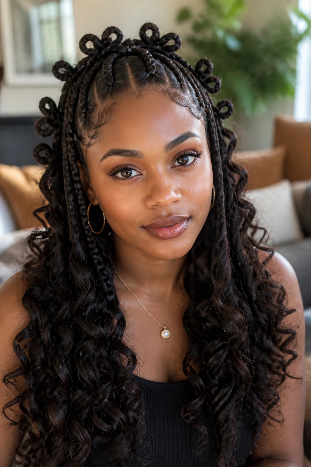 Portrait of a woman with goddess braids featuring butterfly knots for thick textured look.