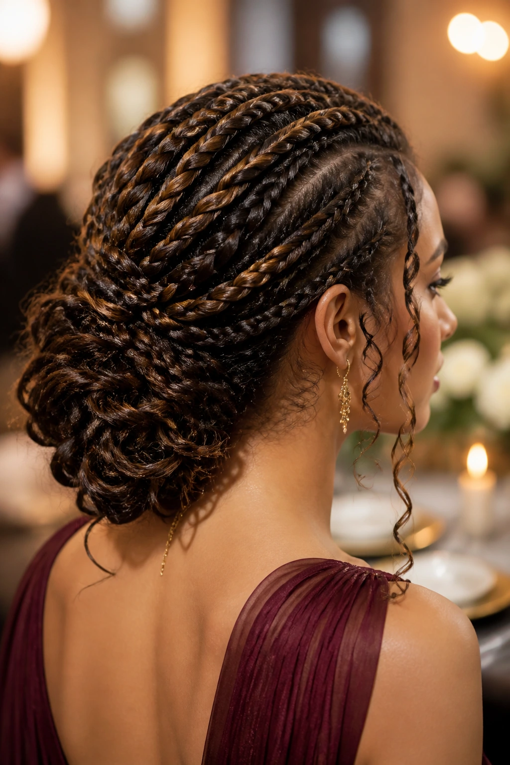 Back-of-head view of a real woman with cascading goddess braids forming a loose bun.