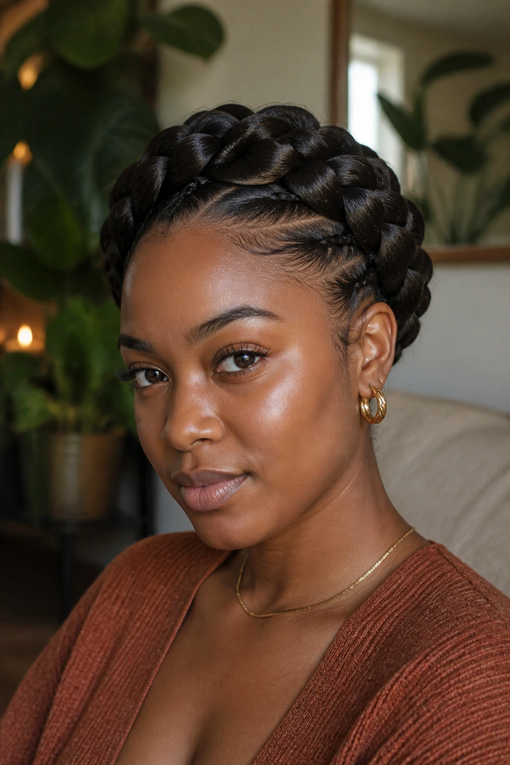 Close-up of real woman with thick goddess braids around crown