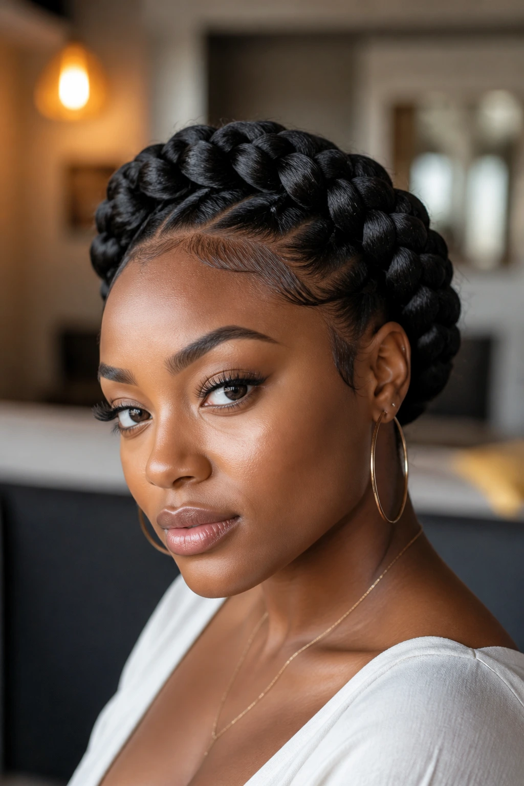 Real woman wearing large crown-like goddess braids.