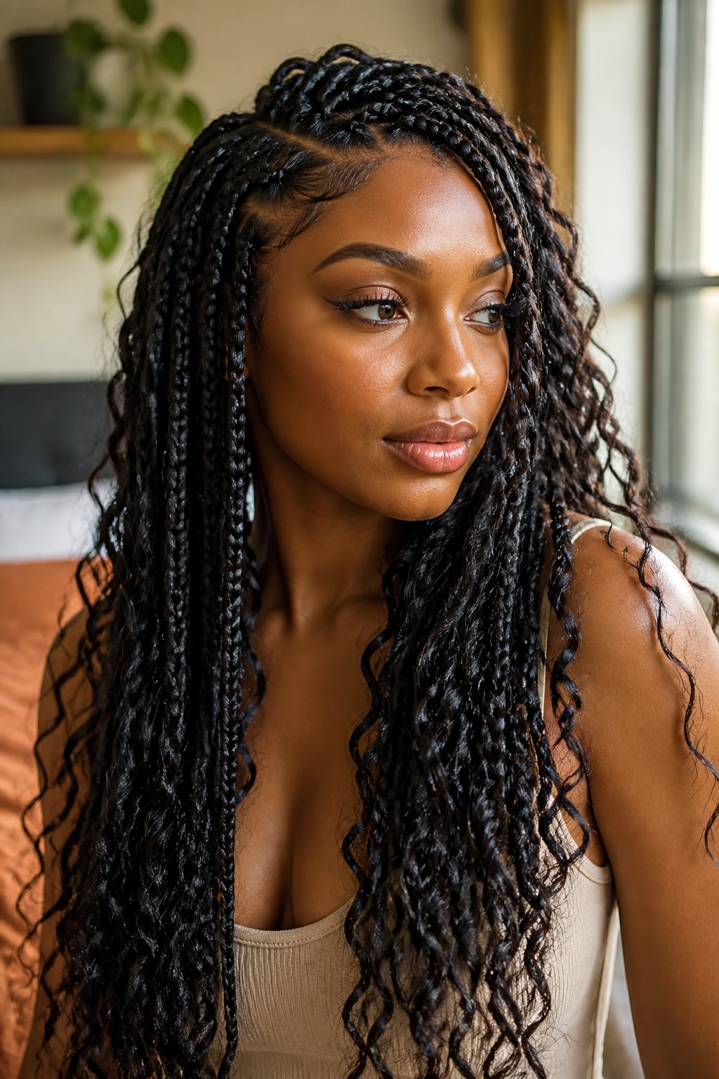Goddess braids with loose curls on real woman in cozy room