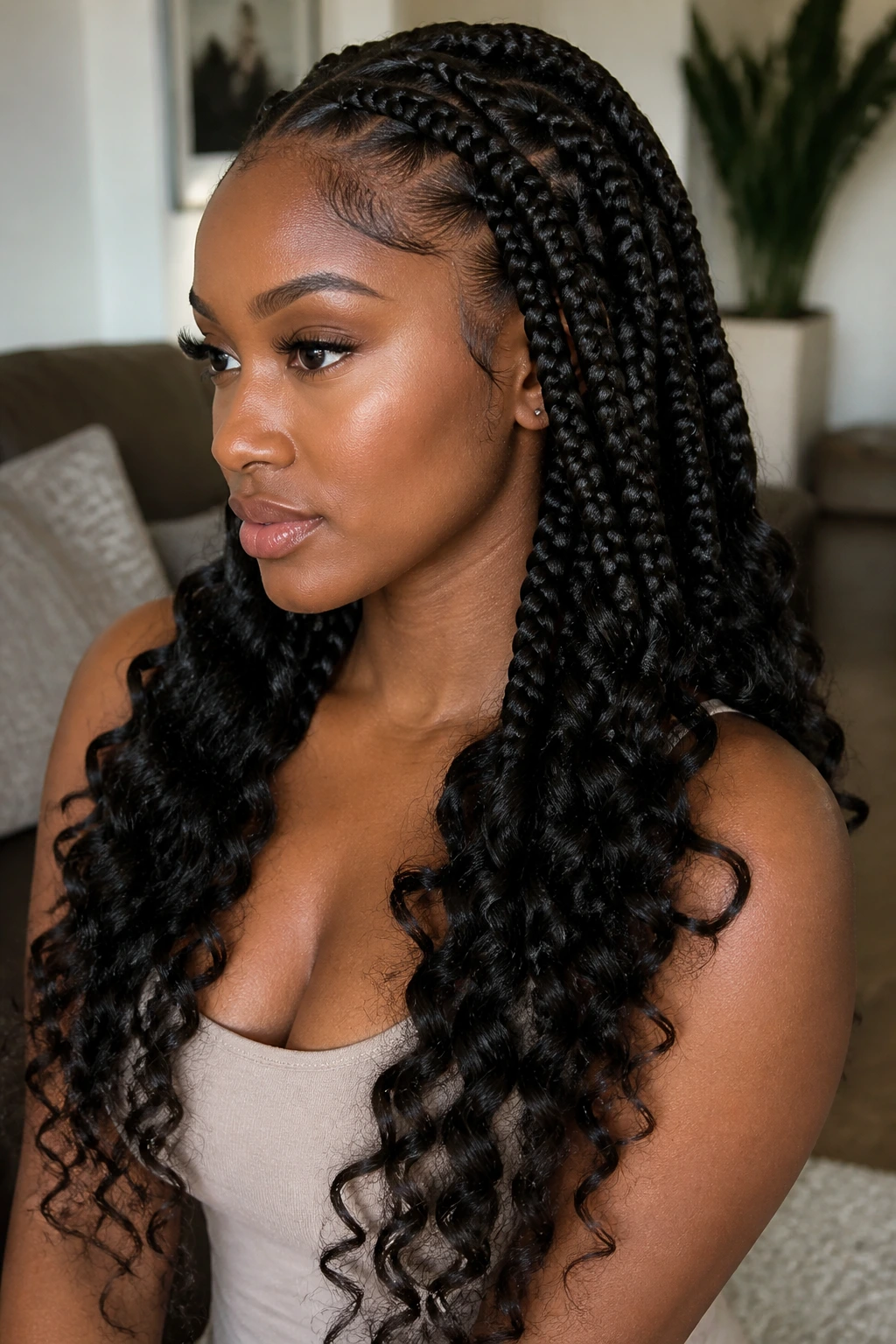 Close-up of a real woman wearing goddess braids with curly ends in natural light