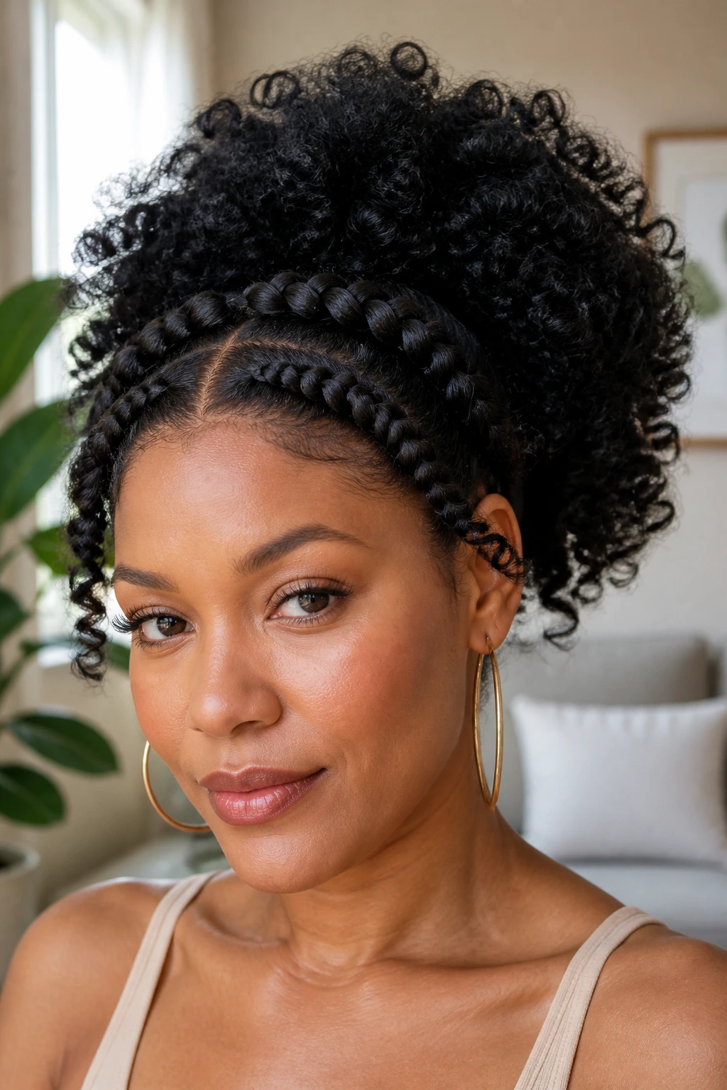 Close-up of goddess braided bangs over a curly Afro on a real woman