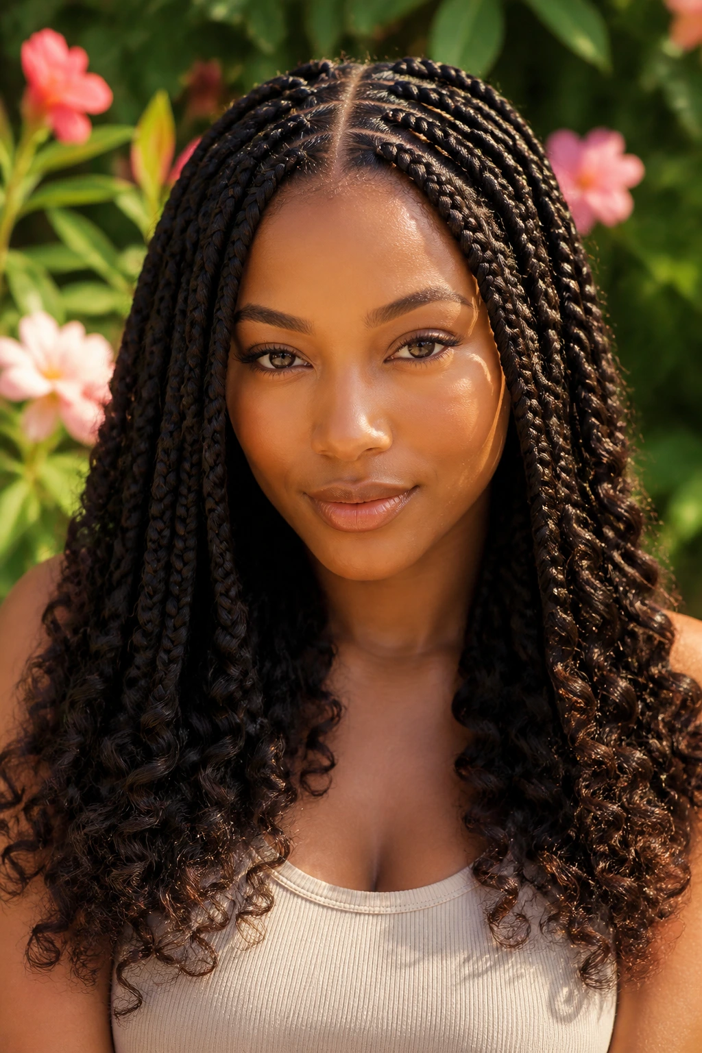 Close-up of a real woman with goddess braids and curly ends