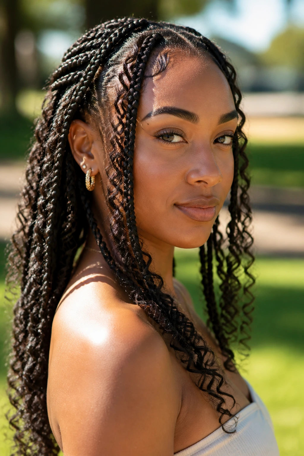 Portrait of a person with goddess braids and curly ends in sunlit setting