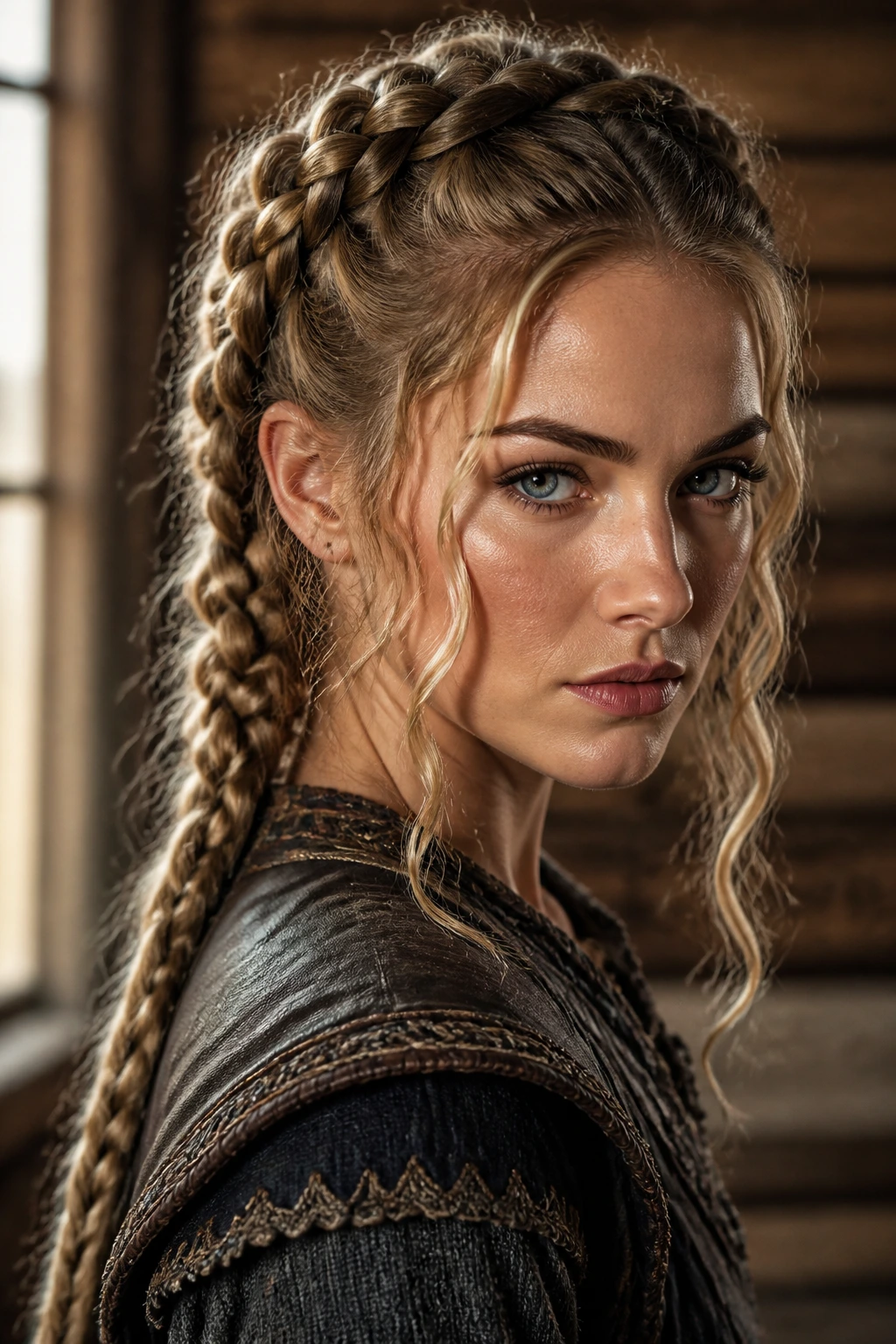 Close-up of a real woman with two thick Dutch goddess braids and curling tendrils.