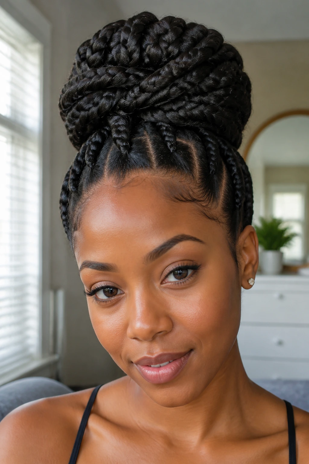Close-up of a real woman with goddess braids in a high bun, illuminated by soft window light