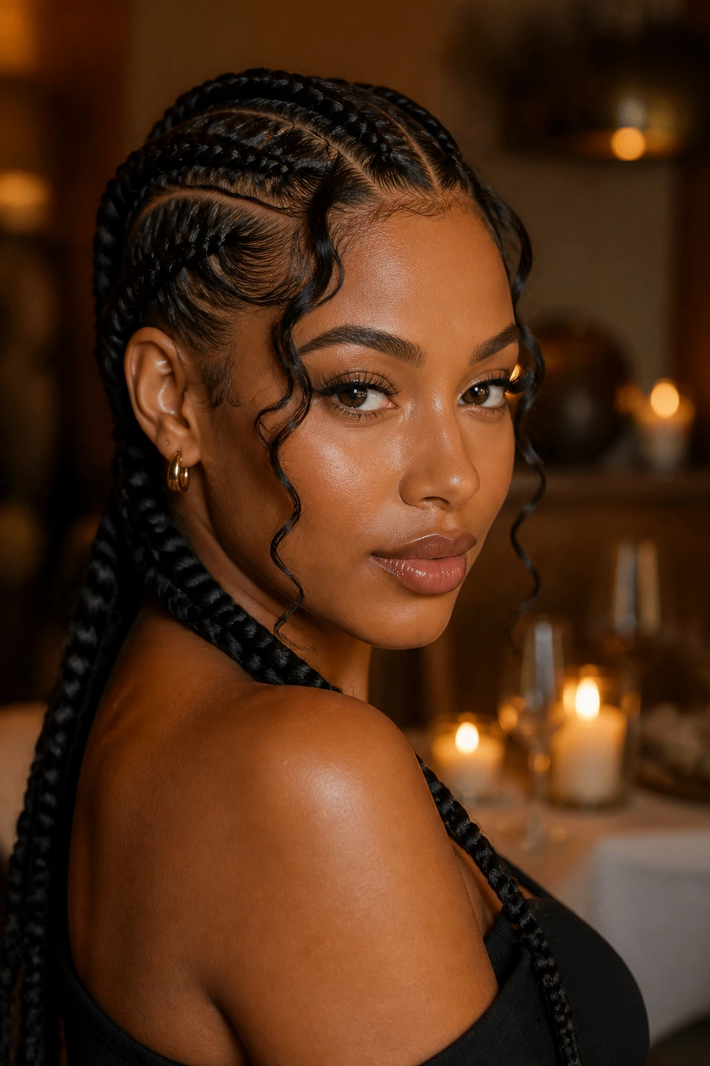 Close-up of a real woman with goddess braids and loose strands in a candlelit setting