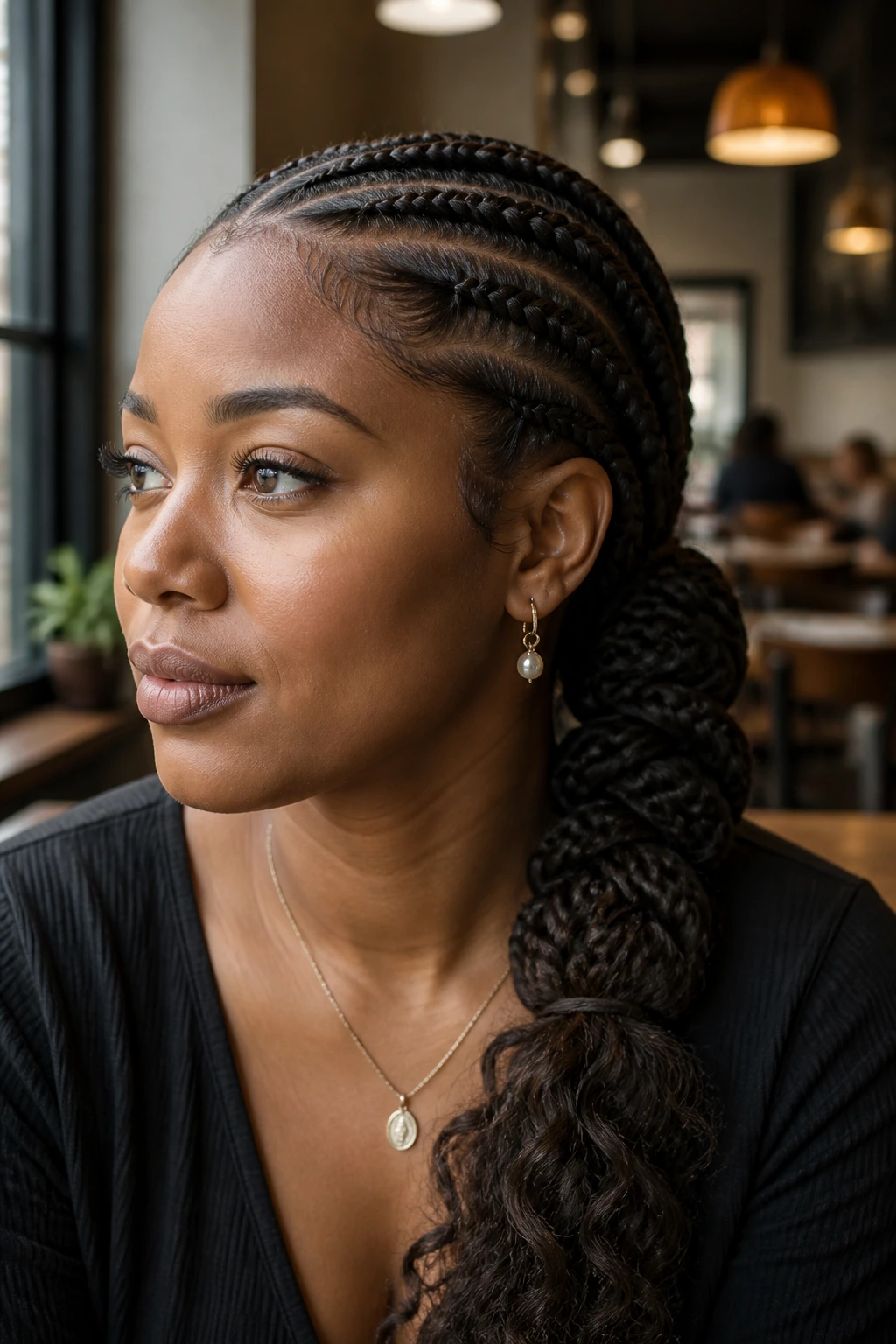 Close-up of a real woman with a low ponytail goddess braid.