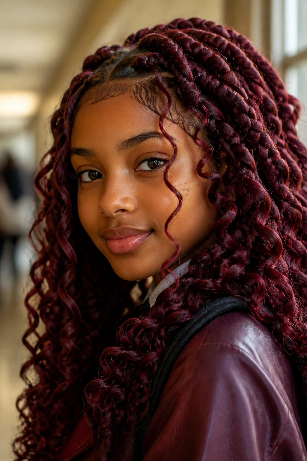 Close-up of a student with chunky maroon goddess braids in a school hallway.