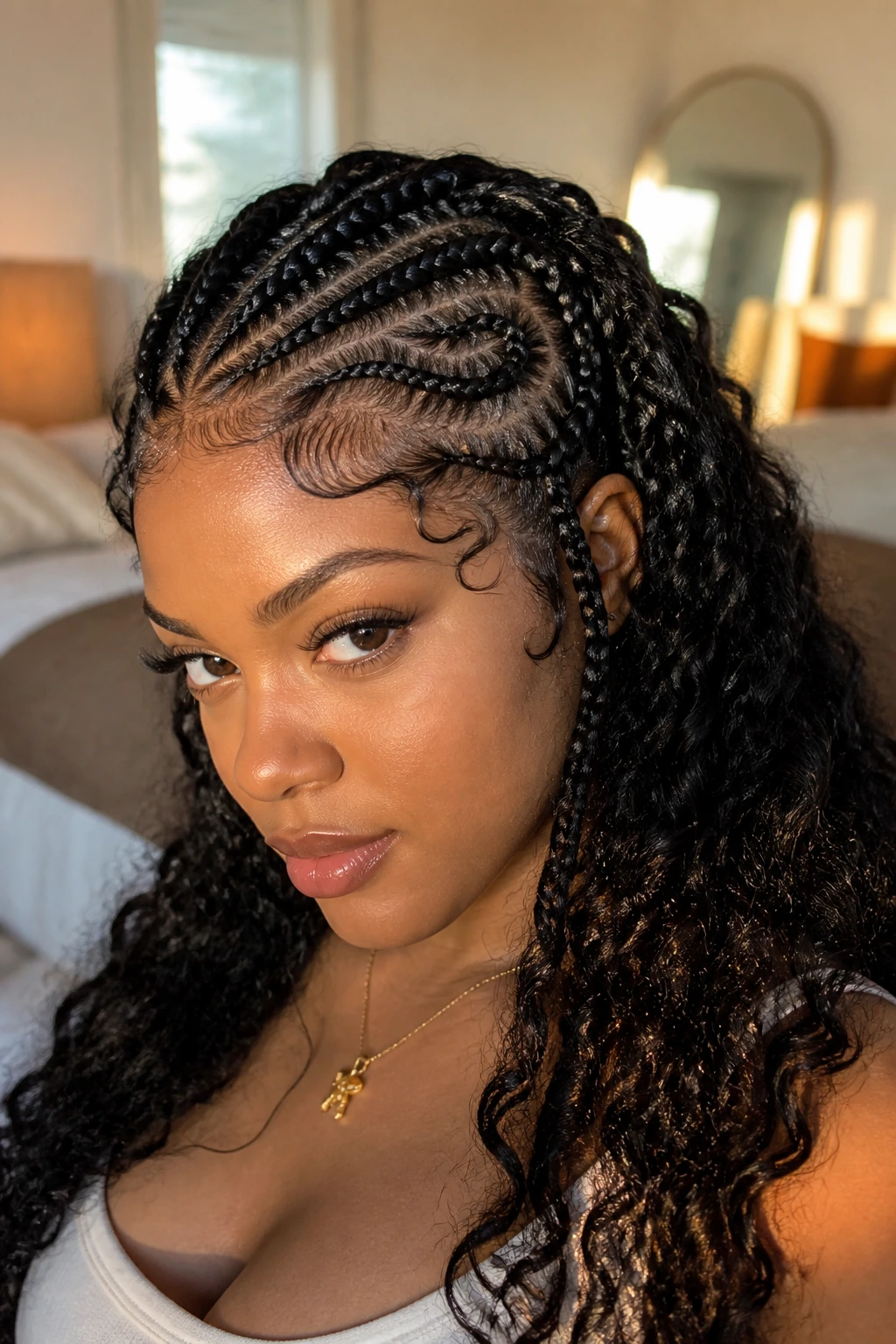 Close-up of a real woman with multi-directional goddess braids across the crown in warm natural light