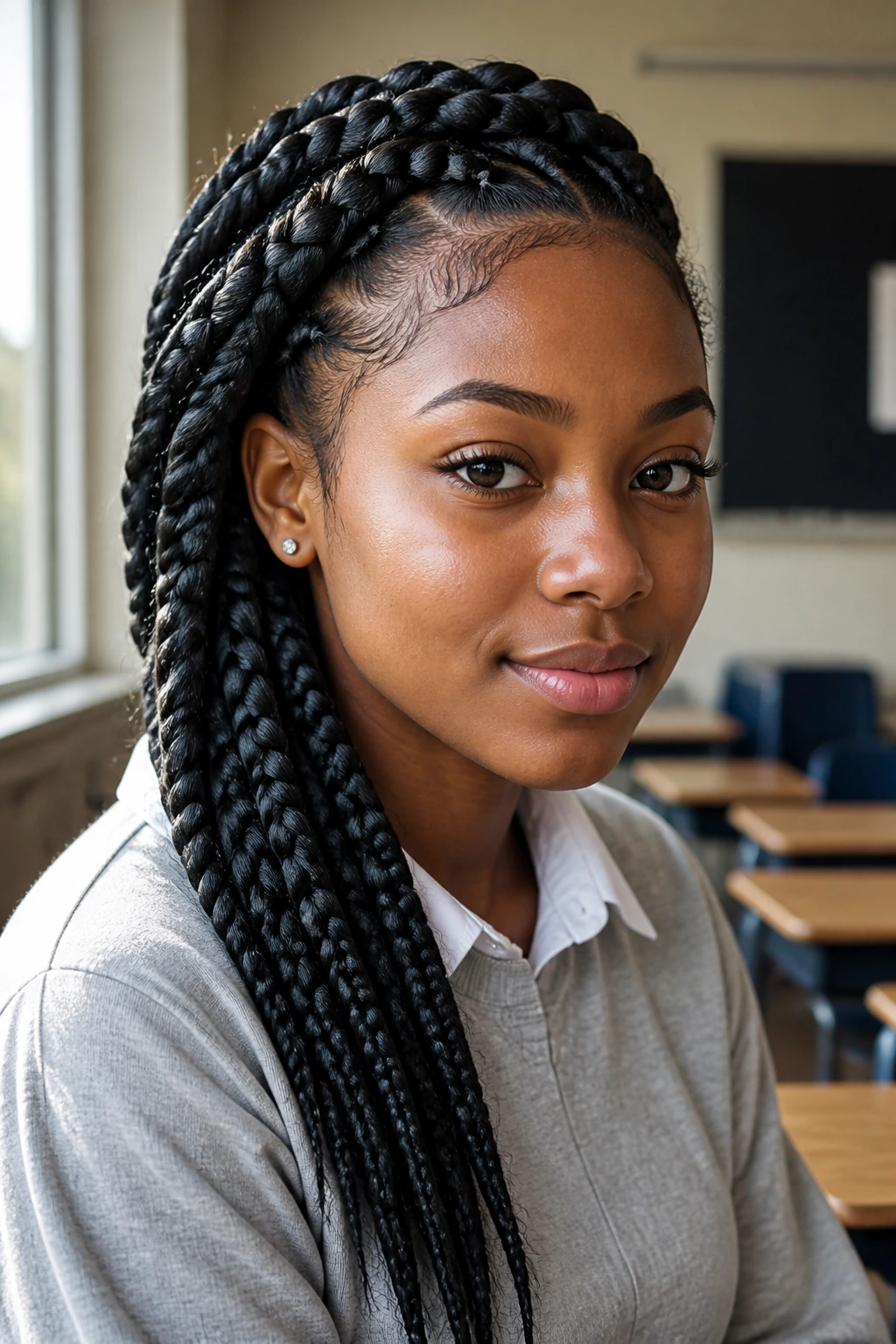 Close-up of a real person with side-swept goddess braids in a classroom.