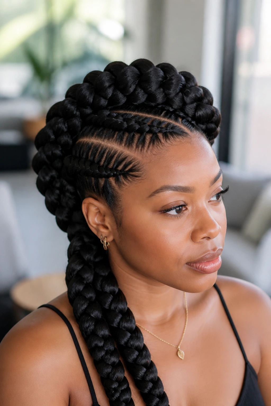 Close-up portrait of a real person with feed-in goddess braids.