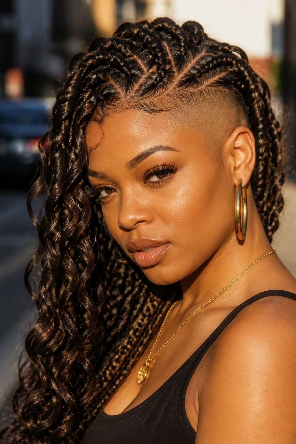 Close-up of a real woman with goddess braids and side shave.