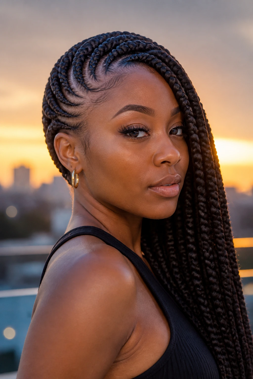 Close-up of a real Black woman with goddess braids swept to one side.