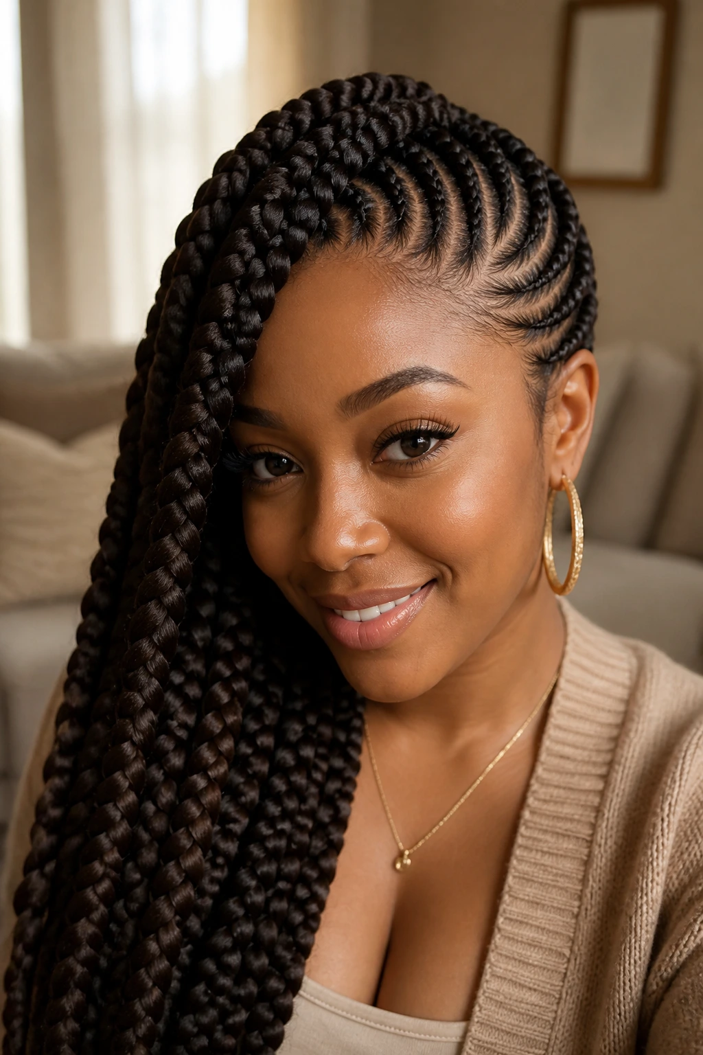 Real person with side-swept goddess braids in a warm indoor setting